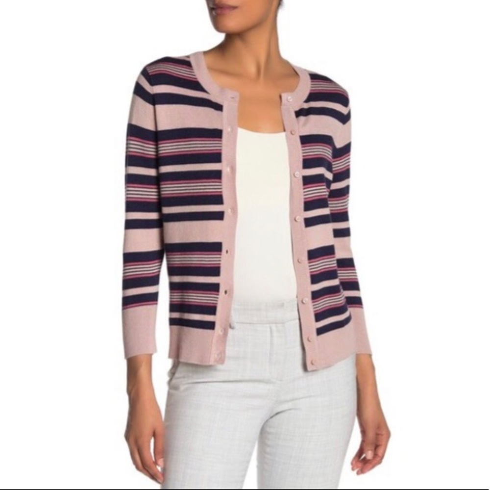 HALOGEN CARDIGAN STRIPED BUTTON DOWN SWEATER NEW XS PETITE NORDSTROM NAVY BEIGE